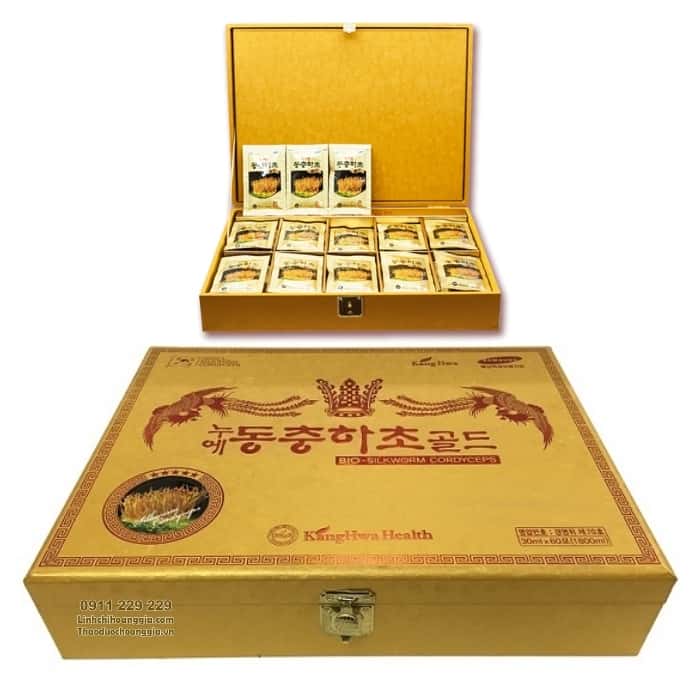 Đông Trùng Hạ Thảo Hàn Quốc Hộp Gỗ 60 gói Royal Gold Kanghwa Bio-Silkworm Cordyceps 60 gói