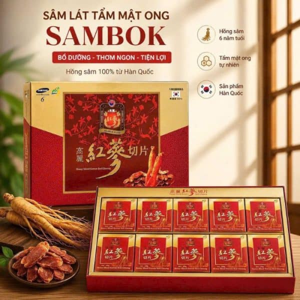 Hồng Sâm Tẩm Mật Ong Sambok Thái Lát | Hộp 200gr 4 Hoàng Gia Hộp sâm lát tẩm mật ong Sambok 200g, sản phẩm Hàn Quốc cao cấp.